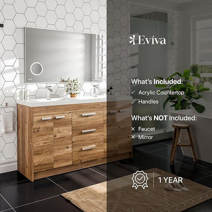 Eviva Lugano 60 in. Natural Oak Double Sink Bath Vanity with Acrylic Top and Integrated Sinks
