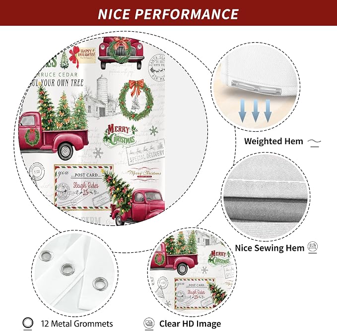 Vintage Christmas Farmhouse Shower Curtain for Bathroom 72W*72H Inch Red Truck Xmas Tree Winter Snowflake Wreath Classical Country Holiday Decorations Bathtub Decor Waterproof Polyester Fabric Set