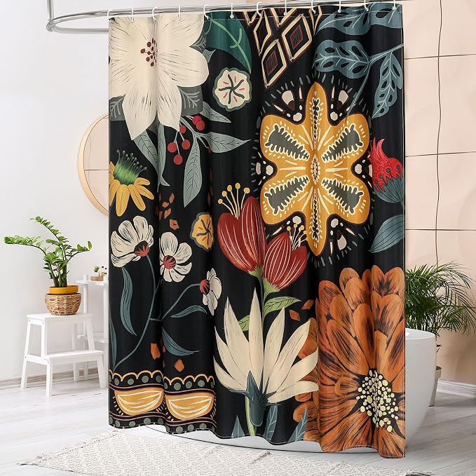 Boho Floral Shower Curtain, Vintage Botanical Fabric Curtain, 48 x 72 | Boho Chic Floral, Vintage Botanical, Modern Farmhouse, Eclectic Rustic, Colorful Flowers, Fabric Shower Curtain