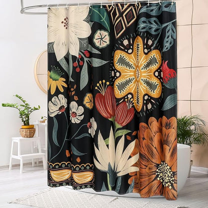 Boho Floral Shower Curtain, Vintage Botanical Fabric Curtain, 48 x 72 | Boho Chic Floral, Vintage Botanical, Modern Farmhouse, Eclectic Rustic, Colorful Flowers, Fabric Shower Curtain