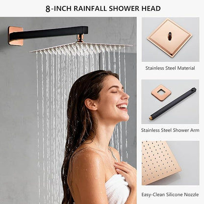 Rainfall Shower Faucet Set with Tub Spout 8 Inch, Shower Head and Handle with 2 Hooks, Rain Shower and Handheld Shower System Square Wall Mount for Bathroom