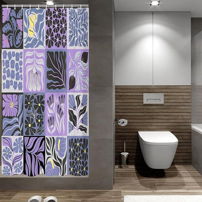 JAWO Retro Shower Curtain Vintage Abstract Boho Floral Shower Curtains for Bathroom Decor Purple Yellow Botanical Geometric Groovy Aesthetic Pattern Shower Curtain Sets with Hooks, 47X64IN