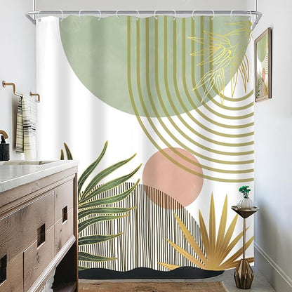 Mid Century Boho Abstract Green Modern Red Bathroom Shower Curtain Set | 60Wx72H Sun Arch design, waterproof HD print with fast-drying fabric and 12 hooks.