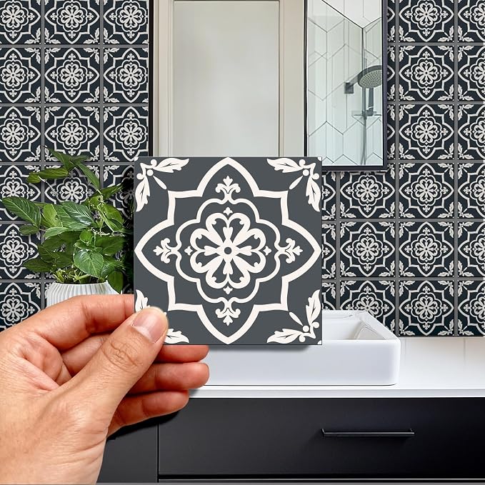 36 Pcs Beige Pattern Peel and Stick Wall Tile Stickers, 4x4inch | Vintage Gray Patterns Wall Tile Stickers Waterproof Self Adhesive Stick on Tiles Decals for Kitchen Bathroom Wall Art Decor