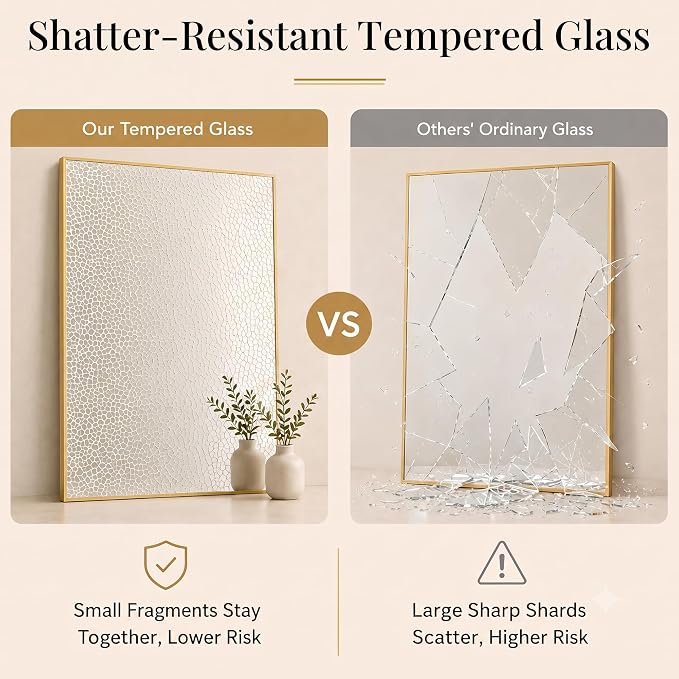 48"x36" Brushed Gold Large Framed Bathroom Vanity Wall Mirror | Large Vanity Wall Mirror, Slim Metal Frame, Dresser or Sideboard Use, Vertical/Horizontal Mount, Tempered Glass