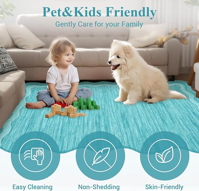 Garvee Scalloped Rug 10x13 Washable Area Rug for Living Room Teal | Rugs for Living Room, Non-Slip Soft Carpet for Bedroom, Scalloped Low-Pile Solid Rug Accent Rug for Dining Room Home Office