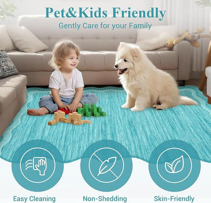 Garvee Scalloped Rug 10x13 Washable Area Rug for Living Room Teal | Rugs for Living Room, Non-Slip Soft Carpet for Bedroom, Scalloped Low-Pile Solid Rug Accent Rug for Dining Room Home Office
