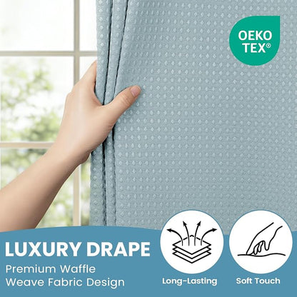 SORTTO No Hook Shower Curtain with Snap in Liner Set Waffle Shower Curtain for Bathroom Hotel Style Fabric Waterproof Inner Liner，71" W x 74" H, Fog Blue