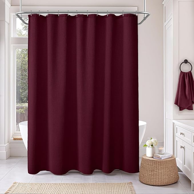 Waffle Weave Shower Curtain - Burgundy Cotton Fabric Texture Heavyweight Shower Curtains for Bathroom,Washable,72Wx72L