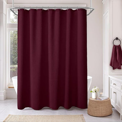 Waffle Weave Shower Curtain - Burgundy Cotton Fabric Texture Heavyweight Shower Curtains for Bathroom,Washable,72Wx72L