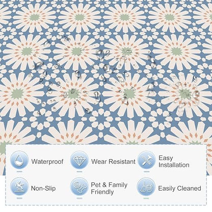 MORCART 40PCS 7.87" x 7.87" Peel and Stick Floor Tile, DIY Vinyl Flooring | Blue and White Floral Look, Self-Adhesive, Removable and Waterproof Tile Sticker for Bathroom, Kitchen, Wall, Stairs