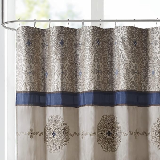 Madison Park Embroidered Jacquard Traditional Shower Curtain, 72"x72", Navy | Weave Design, Traditional Bathroom Décor, Machine Washable, Fabric Privacy Screen