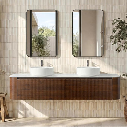 72" Floating Bathroom Vanity with Double White Vessel Sink, Walnut | Pre-Assembled Fluted Wall Mounted Vanity with Ceramic Sink, Sintered Stone Countertop, Soft-Close Drawer & Towel Rack