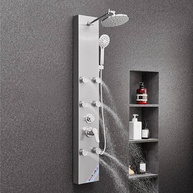 VEVOR Shower Panel Tower System with Rainfall Shower Head, 49 in Brushed Stainless Steel Shower Column, 3-Function Faucet, High Pressure Wall-Mount Rain Massage System with 6 Body Jets and Handheld