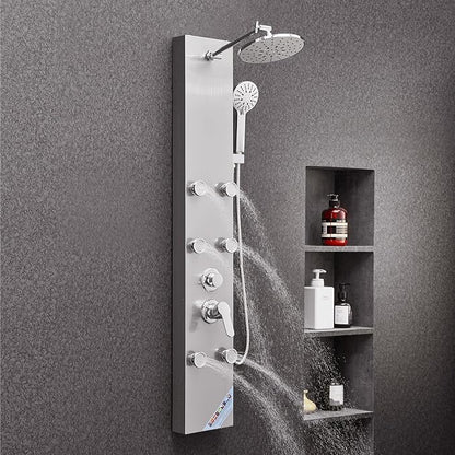 VEVOR Shower Panel Tower System with Rainfall Shower Head, 49 in Brushed Stainless Steel Shower Column, 3-Function Faucet, High Pressure Wall-Mount Rain Massage System with 6 Body Jets and Handheld