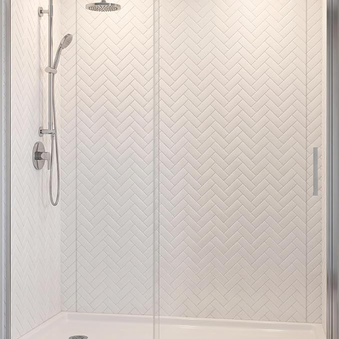 From Plain To Beautiful In Hours 133-HERR-KIT Herringbone Tile Tub and Shower Wall Panels Surround, Gloss White, 96 Square Feet