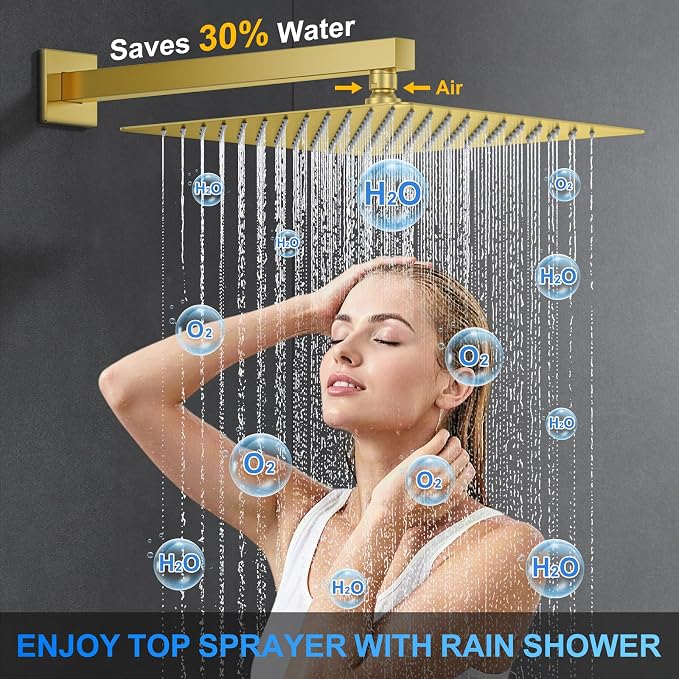 Woindo Shower Faucet Set, 12" Wall Mount Rainfall Shower System with 2 Rain Shower Head and Multi-function Handheld Head Push Button Diverter Shower Faucet Trim Kit