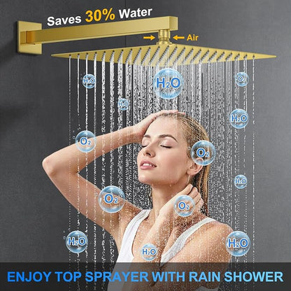 Woindo Shower Faucet Set, 12" Wall Mount Rainfall Shower System with 2 Rain Shower Head and Multi-function Handheld Head Push Button Diverter Shower Faucet Trim Kit