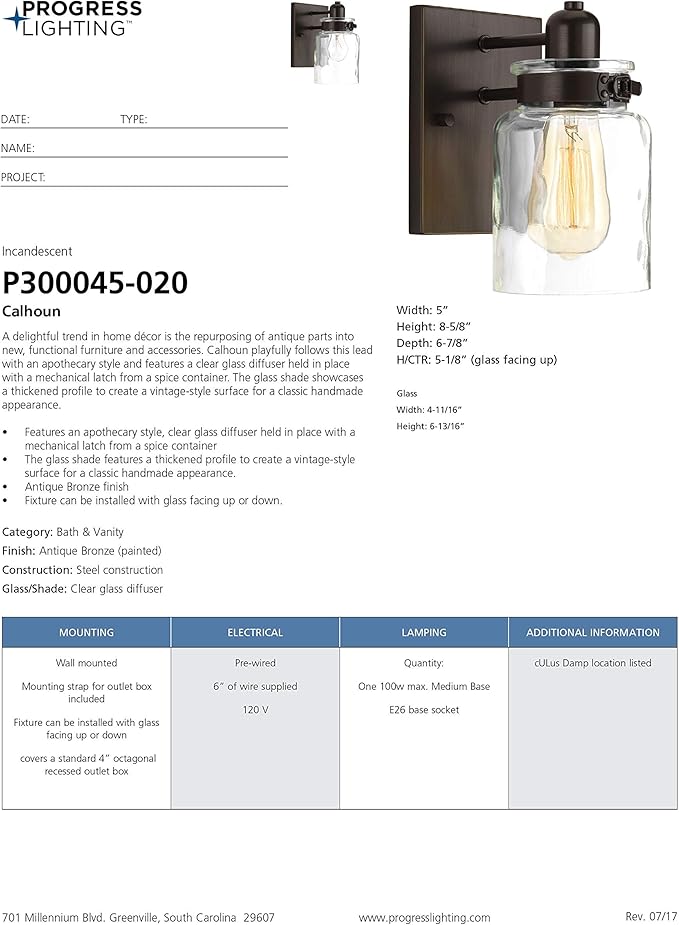 Progress Lighting P300045-020 Calhoun Collection Clear Glass Farmhouse Bath Vanity Light, 1 Light, Antique Bronze