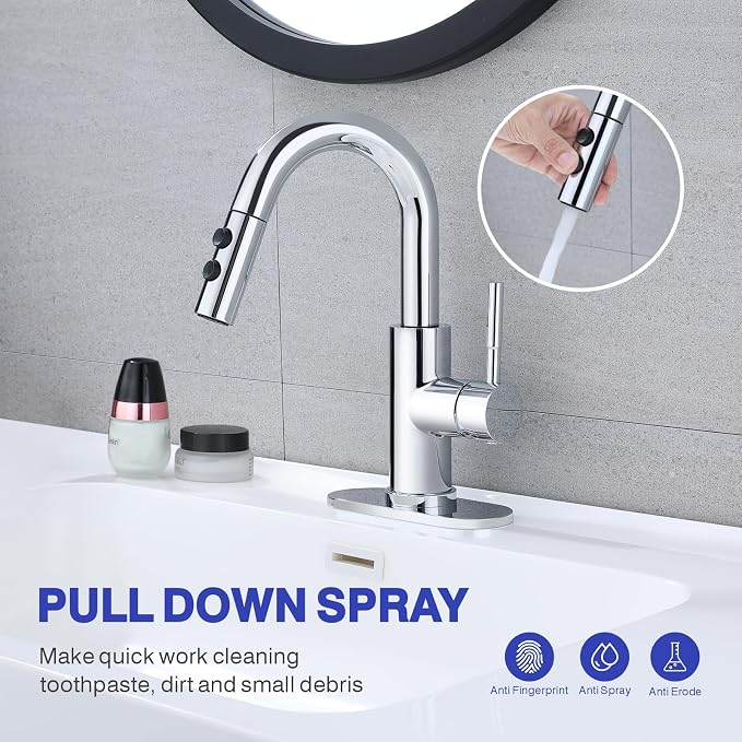 Bathroom Faucet with Sprayer, Chrome Single Hole with Pop-Up Drain | Kablle Single Handle Pull Out 1 or 3 Hole Laundry Bar Basin Faucet with Deck Plate, KBL-7002C-CL