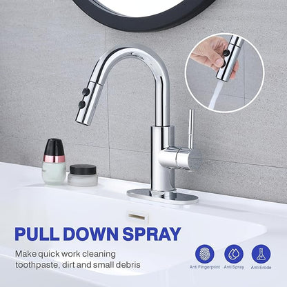 Bathroom Faucet with Sprayer, Chrome Single Hole with Pop-Up Drain | Kablle Single Handle Pull Out 1 or 3 Hole Laundry Bar Basin Faucet with Deck Plate, KBL-7002C-CL
