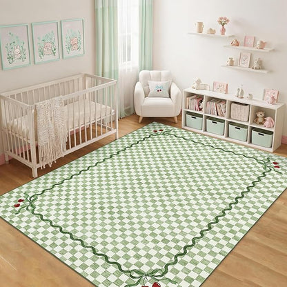 Garvee Washable 5x7 Area Rugs for Living Room Sage Green Checkered Cherry | Coquette Aesthetic Decor Non Slip Soft Bedroom Rugs Foldable Low Pile Stain Resistant Carpet for Playroom Nursery Girls Room
