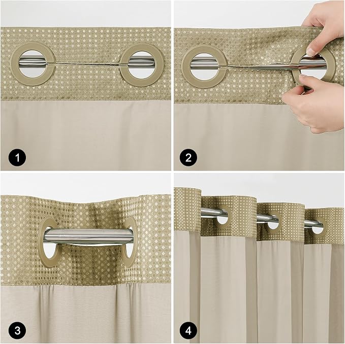 Colorful Star Beige No Hook Waffle Shower Curtain Set, 36" W x 75" L | Snap-In Fabric Liner, Mesh Top Window, Heavy-Duty Waffle Fabric, Waterproof Hotel Style Shower Curtain for Bathroom