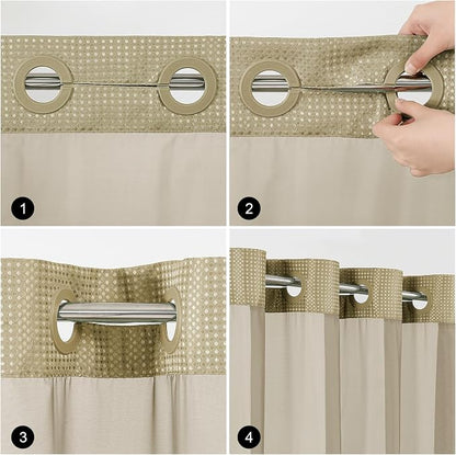 Colorful Star Beige No Hook Waffle Shower Curtain Set, 36" W x 75" L | Snap-In Fabric Liner, Mesh Top Window, Heavy-Duty Waffle Fabric, Waterproof Hotel Style Shower Curtain for Bathroom