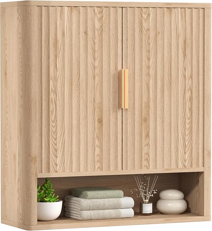 27.6" H Natural Bathroom Wall Cabinet with 2 Fluted Doors, Modern Medicine Cabinet with Adjustable Shelf, Curved Profile Wall Mounted Bathroom Cabinet for Kitchen, Living Room, Oak