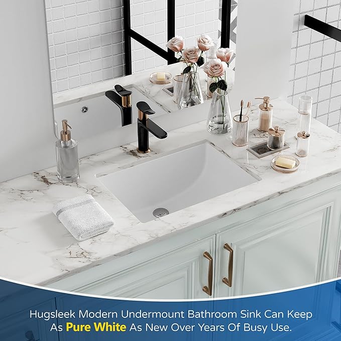 Undermount Bathroom Sink Rectangle, Hugsleek Interior Bowl Size 18.3 x 12.3 inch White Porcelain Ceramic Vessel Sink Under Counter Exterior Size 20x14in Rectangular Bath Sink Basin Lavatory Fireclay