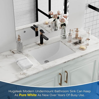 Undermount Bathroom Sink Rectangle, Hugsleek Interior Bowl Size 18.3 x 12.3 inch White Porcelain Ceramic Vessel Sink Under Counter Exterior Size 20x14in Rectangular Bath Sink Basin Lavatory Fireclay