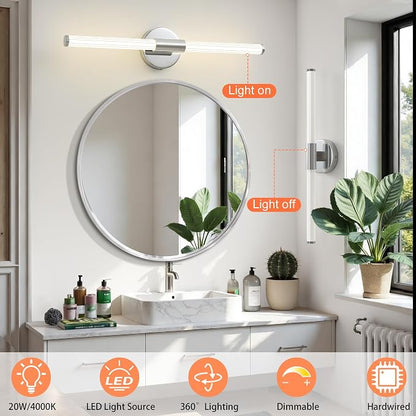 Bathroom Vanity Lights Chrome LED Vanity Lights Modern 24" | 360° Bright Lighting, Dimmable Vanity Light Bar, Hardwired Wall Lights 4000K Natural White for Mirror