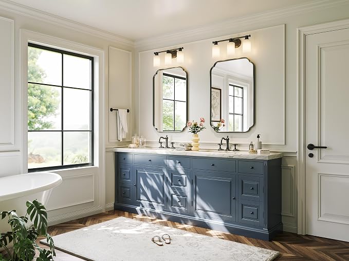 Black Scalloped Vanity Mirror, 24” x 36”Rounded Corner Rectangle Wall Mirrors with Metal Frame, Modern Vanity Bathroom Mirror for Over Sink, Bedroom, Entryway, Horizontal or Vertical