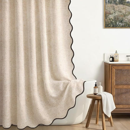 Scalloped Shower Curtain Linen Boho Beige 72" W x 78" L | Linen Fabric, Black Border, Washable, Heavy Duty Cloth, Shower Curtain for Boho Farmhouse Bathroom Bathtub