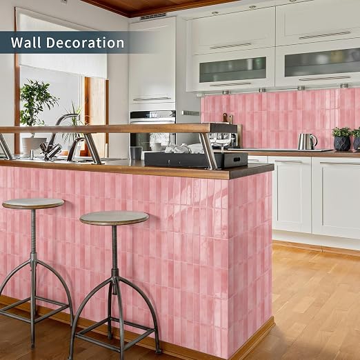 10 Sheets Upgraded Thicker Design Subway Tile Peel and Stick Backsplash | 12”×12”Self Adhesive Wall Tiles Stick on Back Splash for Kitchen,Bathroom,Camper(Pink)
