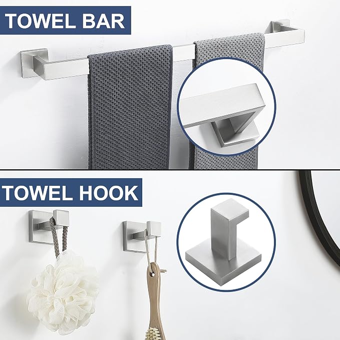 5 Piece Bathroom Hardware Accessories - Brushed Nickel, 24Inch Towel Racks, Stainless Steel Square Towel Bar Set, Wall Mounted