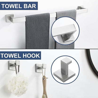 5 Pieces Bathroom Hardware Accessories Set Brushed Nickel, 24Inch Square Towel Racks Set for Bathroom, SUS304 Stainless Steel Towel Bar Set,Toilet Paper Holder with Shelf Wall Mounted