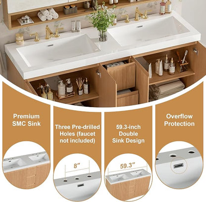 60 Inch Double Bathroom Vanity with SMC Resin Sink, Wood | 3 Drawers & 4 Soft-Close Doors, 1.9-inch Countertop,Multilayer Plywood, Brushed Nickel Hardware for Hotels, Apartments