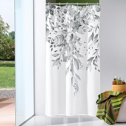 Small Stall Shower Curtain 36 x 72, Narrow Grey Floral Decorative Bathroom, Watercolor Plant Eucalyptus Leaves Fabric | Watercolor Plant Leaves Floral Print, Small Stall Waterproof Fabric Bathroom Decor, Machine Washable, Rustproof Grommets
