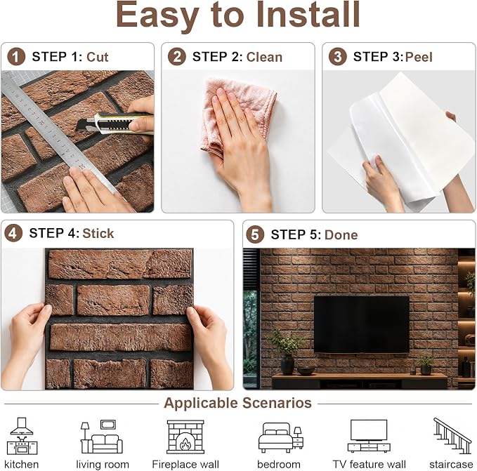 3D Brick Wall Panels Peel and Stick,10Pcs Self Adhesive PVC Tiles | 11.81*11.81 Inch, Waterproof, Self-Adhesive Wall Tiles, Wallpaper for Accent Walls, Kitchen, Bathroom, Bedroom, Office Decor