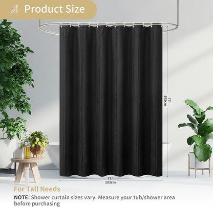Extra Long Black Shower Curtain Boho, 72 x 78 Cotton Blend Waffle Weave Stripe Textured Heavy Duty, Fabric Shower Curtain for Bathroom