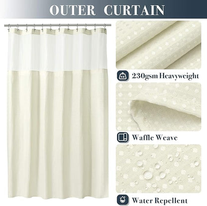 N&Y HOME Waffle Weave Shower Curtain with Snap-in Fabric Liner & Hooks Set - Hotel Style Cream Shower Curtain for Bathroom, Water-Repellent & Washable, Mesh Top Window - 71x72, Cream