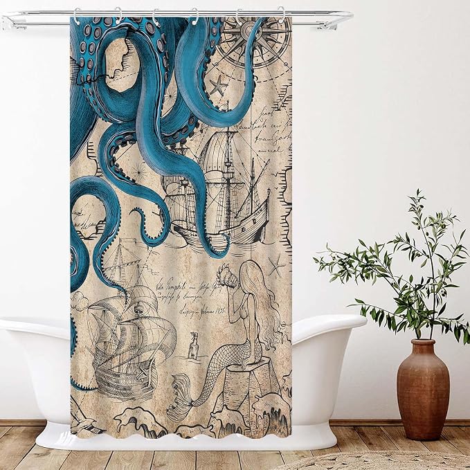 Fungarth Stall Vintage Nautical Octopus Shower Curtain Navy Blue Mermaid Funny Ocean Kraken Shower Curtains for Bathroom Cool Anchor Coastal Map Waterproof Fabric Bath Curtain Decor (Retro, 36” x 72”)