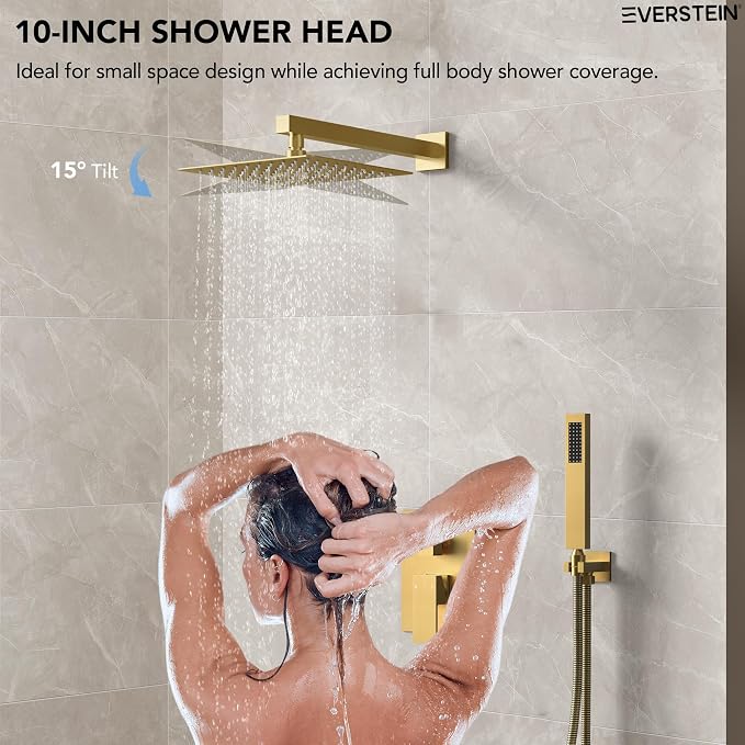 10" High-Pressure Rainfall Shower System with Handheld Spray, Wall Mount Bathroom Shower Faucet Set with Valve (Brushed Gold)