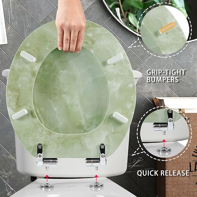 Angel Shield Marble Toilet Seat Durable Molded Wood with Quiet Close, Easy Clean, Quick-Release Hinges Round Toilet Seat (Round, Green Marble)