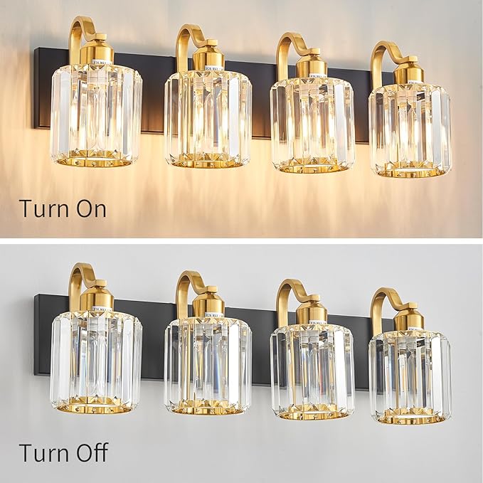 Crystal Vanity Lights for Bathroom, 4 Light Bathroom Vanity Light, Modern Matte Black and Gold Wall Lighting Fixtures with Crystal Round Shade (Exclude Bulb)