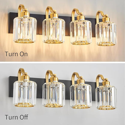 Crystal Vanity Lights for Bathroom, 4 Light Bathroom Vanity Light, Modern Matte Black and Gold Wall Lighting Fixtures with Crystal Round Shade (Exclude Bulb)