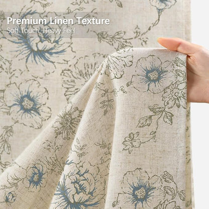 Farmhouse Floral Linen Shower Curtain, Vintage Blue and Brown Pattern Rustic Shower Curtains for Bathroom,72x72
