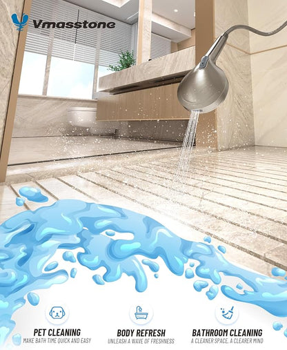 Filtered Handheld Shower Head for Hard Water, High Pressure Showerhead with 7 Spray Modes, Power Jet & Pause, Detachable & Adjustable for Healthier Skin & Hair - Brushed Nickel (VMASSTONE HM-003)