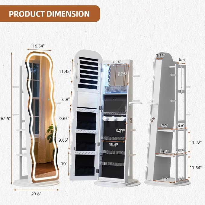 Vlsrka LED Mirror Jewelry Cabinet Standing, 360° Swivel, White | Lockable Jewelry Armoire with Mirror, Interior LED Makeup Mirror, Foldable Shelf, Large Capacity, Gift for Women, Girls